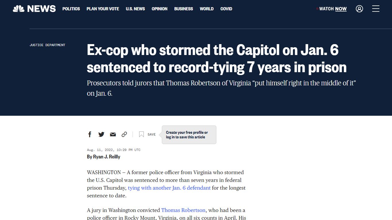 Ex-cop who stormed the Capitol on Jan. 6 sentenced to record-tying 7 ...
